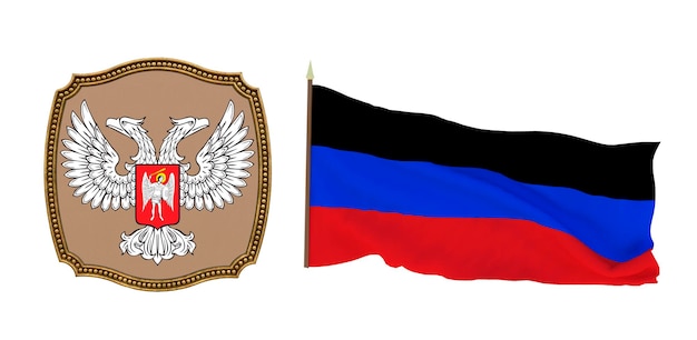 Achtergrond voor redacteuren en ontwerpers Nationale feestdag 3D illustratie Vlag en het wapen van de Volksrepubliek Donetsk