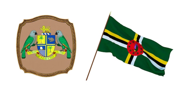 Achtergrond voor redacteuren en ontwerpers Nationale feestdag 3D illustratie Vlag en het wapen van Dominica