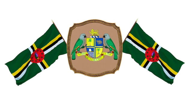 Achtergrond voor redacteuren en ontwerpers Nationale feestdag 3D illustratie Vlag en het wapen van Dominica