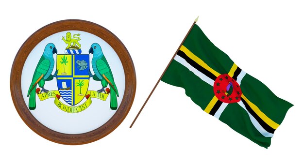 Achtergrond voor redacteuren en ontwerpers Nationale feestdag 3D illustratie Vlag en het wapen van Dominica