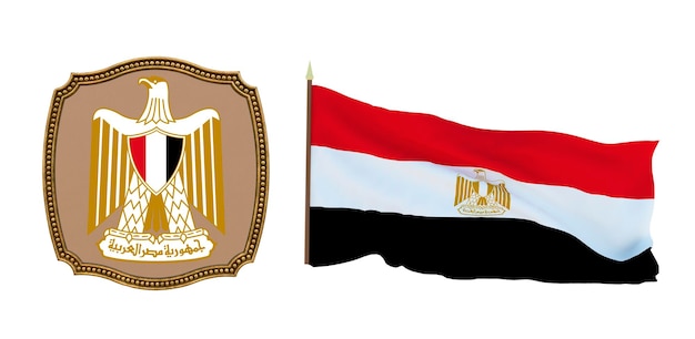 Achtergrond voor redacteuren en ontwerpers Nationale feestdag 3D illustratie Vlag en het wapen van Egypte