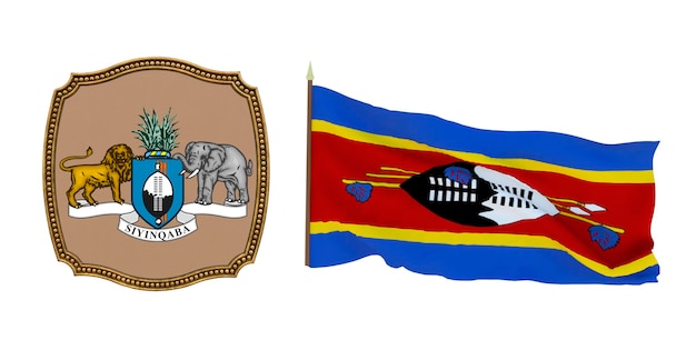 Achtergrond voor redacteuren en ontwerpers Nationale feestdag 3D illustratie Vlag en het wapen van Eswatini