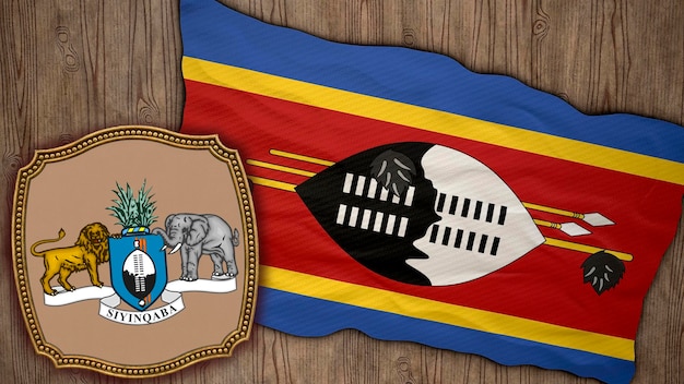 Achtergrond voor redacteuren en ontwerpers Nationale feestdag 3D illustratie Vlag en het wapen van Eswatini