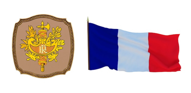 Achtergrond voor redacteuren en ontwerpers Nationale feestdag 3D illustratie Vlag en het wapen van Frankrijk