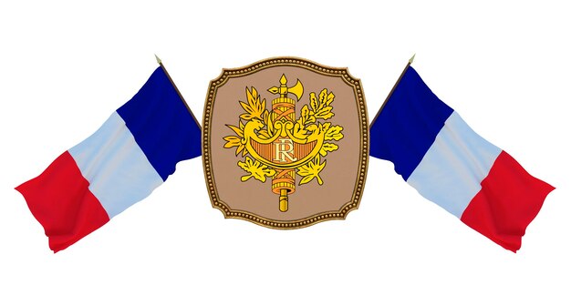 Achtergrond voor redacteuren en ontwerpers Nationale feestdag 3D illustratie Vlag en het wapen van Frankrijk