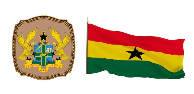 Achtergrond voor redacteuren en ontwerpers Nationale feestdag 3D illustratie Vlag en het wapen van Ghana