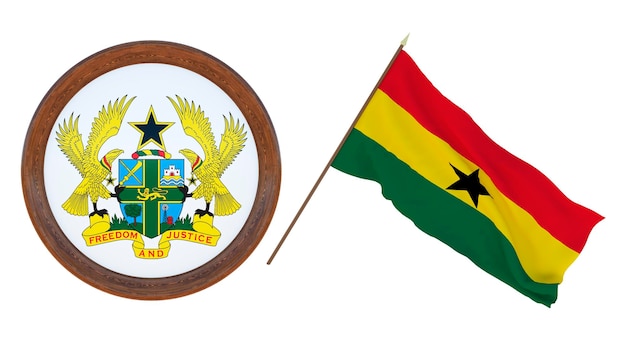 Achtergrond voor redacteuren en ontwerpers Nationale feestdag 3D illustratie Vlag en het wapen van Ghana