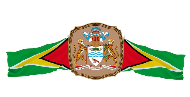 Achtergrond voor redacteuren en ontwerpers Nationale feestdag 3D illustratie Vlag en het wapen van Guyana