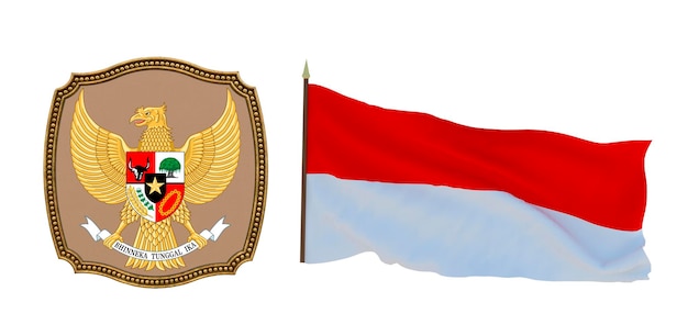 Achtergrond voor redacteuren en ontwerpers Nationale feestdag 3D illustratie Vlag en het wapen van Indonesië