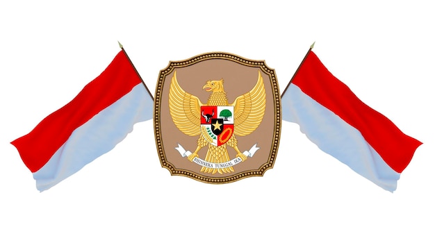 Achtergrond voor redacteuren en ontwerpers Nationale feestdag 3D illustratie Vlag en het wapen van Indonesië