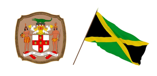 Achtergrond voor redacteuren en ontwerpers Nationale feestdag 3D illustratie Vlag en het wapen van Jamaica