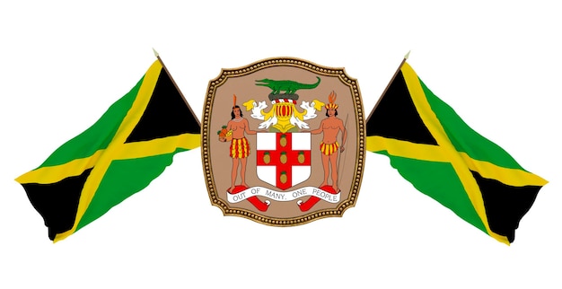 Achtergrond voor redacteuren en ontwerpers Nationale feestdag 3D illustratie Vlag en het wapen van Jamaica
