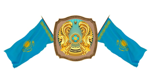 Achtergrond voor redacteuren en ontwerpers Nationale feestdag 3D illustratie Vlag en het wapen van Kazachstan