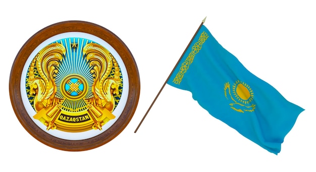 Achtergrond voor redacteuren en ontwerpers Nationale feestdag 3D illustratie Vlag en het wapen van Kazachstan