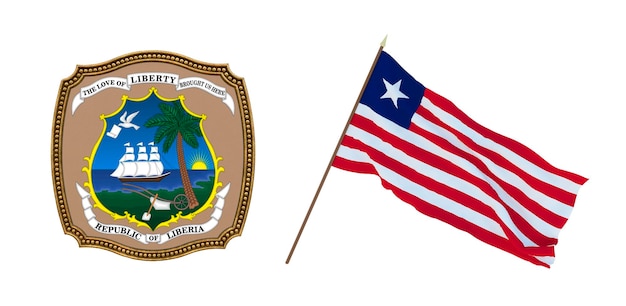 Achtergrond voor redacteuren en ontwerpers Nationale feestdag 3D illustratie Vlag en het wapen van Liberia