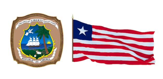 Achtergrond voor redacteuren en ontwerpers Nationale feestdag 3D illustratie Vlag en het wapen van Liberia