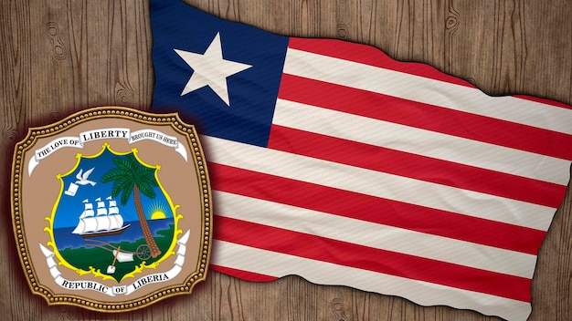 Achtergrond voor redacteuren en ontwerpers Nationale feestdag 3D illustratie Vlag en het wapen van Liberia