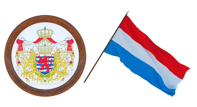 Achtergrond voor redacteuren en ontwerpers Nationale feestdag 3D illustratie Vlag en het wapen van Luxemburg