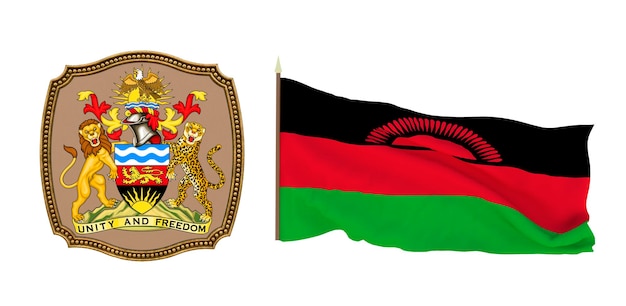 Achtergrond voor redacteuren en ontwerpers Nationale feestdag 3D illustratie Vlag en het wapen van Malawi