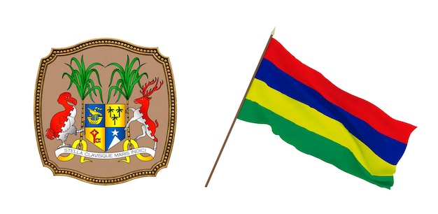 Achtergrond voor redacteuren en ontwerpers Nationale feestdag 3D illustratie Vlag en het wapen van Mauritius