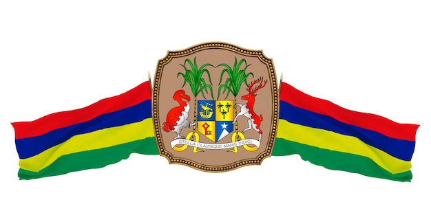 Achtergrond voor redacteuren en ontwerpers Nationale feestdag 3D illustratie Vlag en het wapen van Mauritius