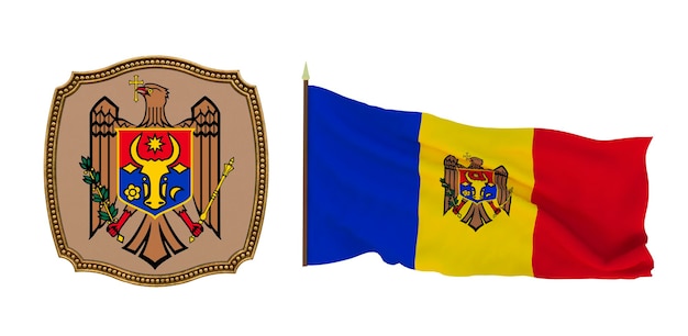 Achtergrond voor redacteuren en ontwerpers Nationale feestdag 3D illustratie Vlag en het wapen van Moldavië