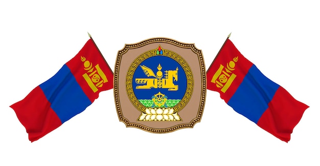 Achtergrond voor redacteuren en ontwerpers Nationale feestdag 3D illustratie Vlag en het wapen van Mongolië