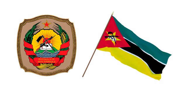 Achtergrond voor redacteuren en ontwerpers Nationale feestdag 3D illustratie Vlag en het wapen van Mozambique