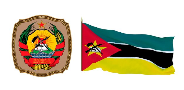 Achtergrond voor redacteuren en ontwerpers Nationale feestdag 3D illustratie Vlag en het wapen van Mozambique