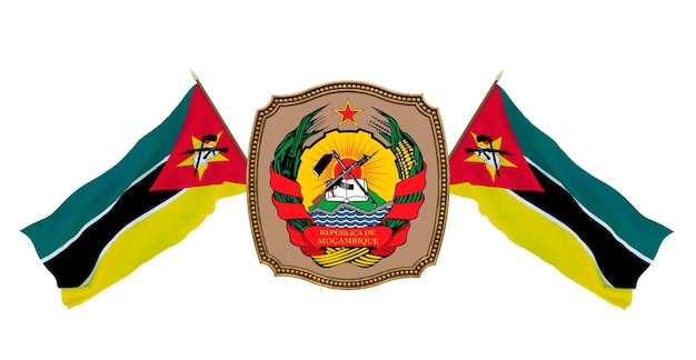 Achtergrond voor redacteuren en ontwerpers Nationale feestdag 3D illustratie Vlag en het wapen van Mozambique