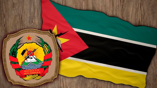 Achtergrond voor redacteuren en ontwerpers Nationale feestdag 3D illustratie Vlag en het wapen van Mozambique