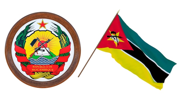 Achtergrond voor redacteuren en ontwerpers Nationale feestdag 3D illustratie Vlag en het wapen van Mozambique