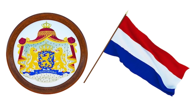 Achtergrond voor redacteuren en ontwerpers Nationale feestdag 3D illustratie Vlag en het wapen van Nederland