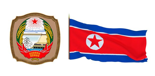 Achtergrond voor redacteuren en ontwerpers Nationale feestdag 3D illustratie Vlag en het wapen van Noord-Korea