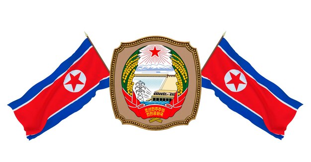 Achtergrond voor redacteuren en ontwerpers Nationale feestdag 3D illustratie Vlag en het wapen van Noord-Korea