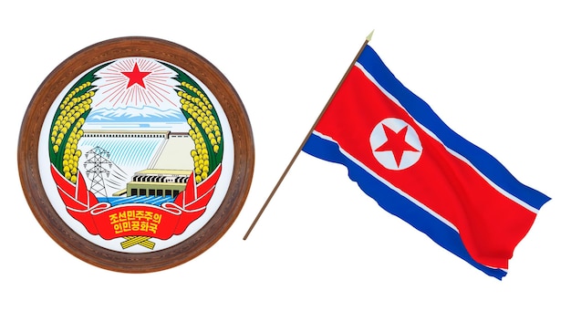 Achtergrond voor redacteuren en ontwerpers Nationale feestdag 3D illustratie Vlag en het wapen van Noord-Korea
