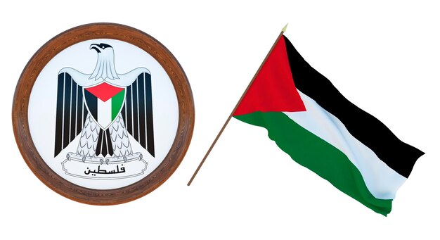 Achtergrond voor redacteuren en ontwerpers Nationale feestdag 3D illustratie Vlag en het wapen van Palestina