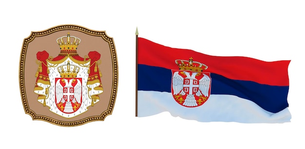 Achtergrond voor redacteuren en ontwerpers Nationale feestdag 3D illustratie Vlag en het wapen van Servië