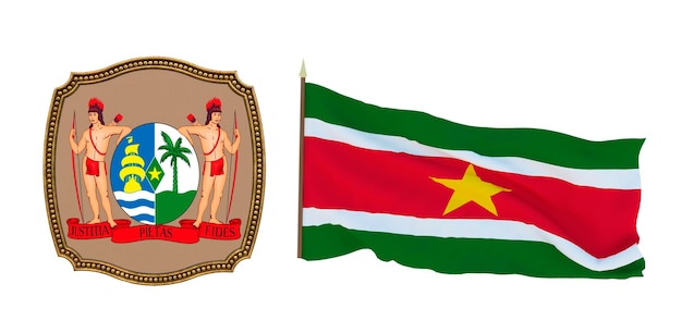 Achtergrond voor redacteuren en ontwerpers Nationale feestdag 3D illustratie Vlag en het wapen van Suriname