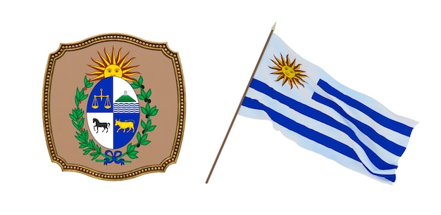 Achtergrond voor redacteuren en ontwerpers Nationale feestdag 3D illustratie Vlag en het wapen van Uruguay