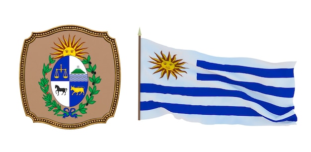 Achtergrond voor redacteuren en ontwerpers Nationale feestdag 3D illustratie Vlag en het wapen van Uruguay
