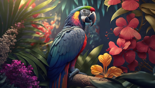 Achtergrond voor tropisch behang inclusief flora en vogels Uitstekend pc-behang met een verbluffende abstracte achtergrond Generative Ai