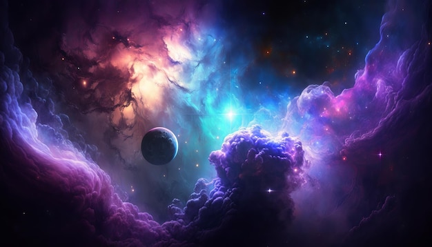 Achtergrondafbeelding met een mix van blauwe en paarse kleuren die lijkt op een sterrenstelsel of ruimtethema Generatieve ai