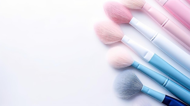Achtergrondafbeelding Pastelroze en blauwe make-upborstels die plat op een wit oppervlak zijn gelegd, laten kopieerruimte toe