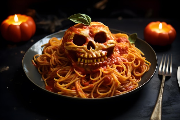 Achtergrondafbeelding van spaghetti versierd met spookschedels met een Halloween-thema