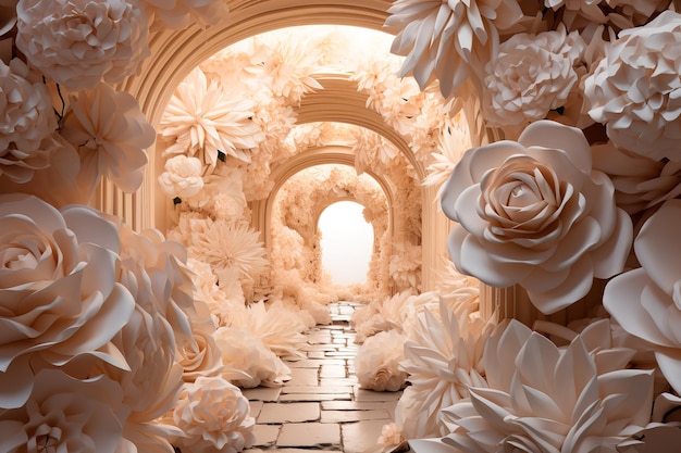 achtergrondafbeelding van tunnelpad van witte rozen