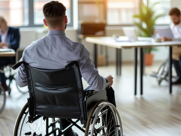 Foto achtergrondbeeld van de handicap van de werknemer man in rolstoel bezig met kantooromgeving met collega's