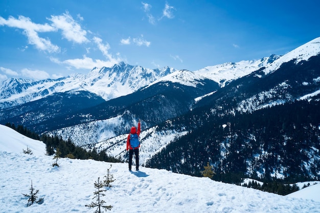 Achtergrondbeeld van de man tegenover besneeuwde bergen