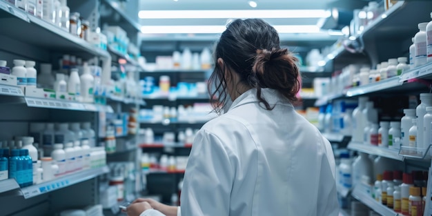 Foto achtergrondbeeld van een apotheker op het werk, omringd door planken vol medicijnen