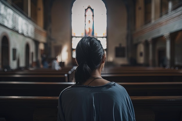 Achtergrondbeeld van een bruine vrouw die in een kerk zit en bidt Religie concept Generatieve AI